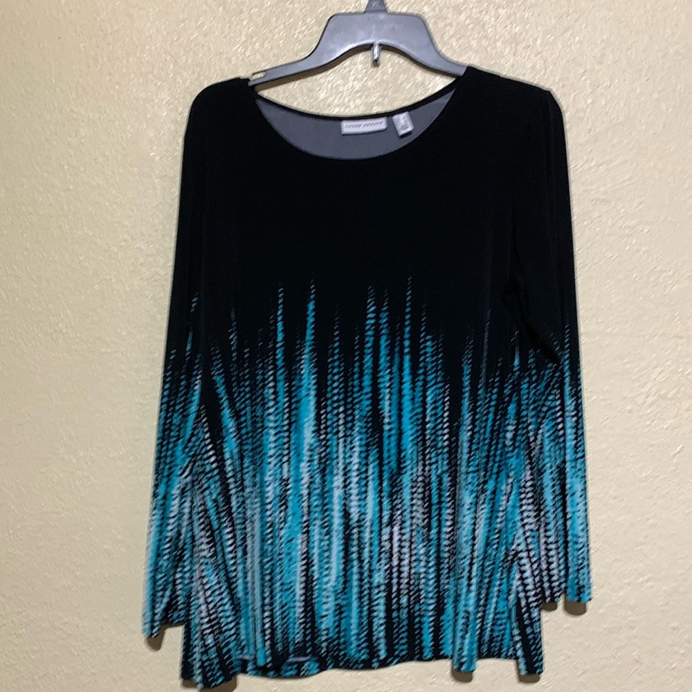 Stretchy Susan Graver Top Blouse L Blue Black Round Neck Pull